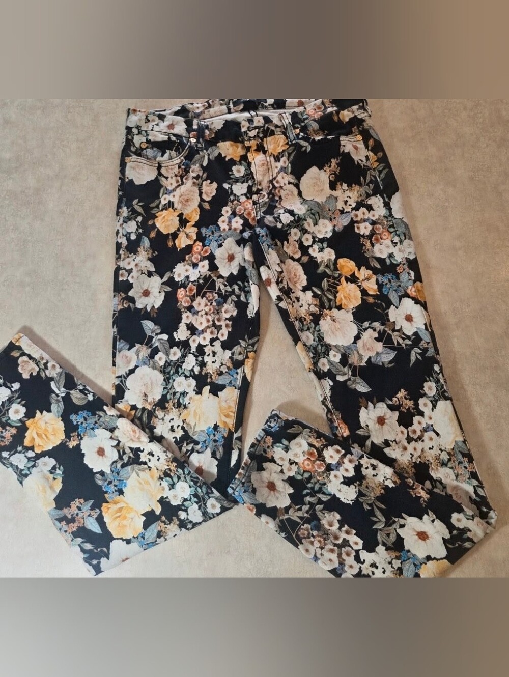 7 For All Mankind Black Floral Skinny Pants with Yellow & Blue Accents